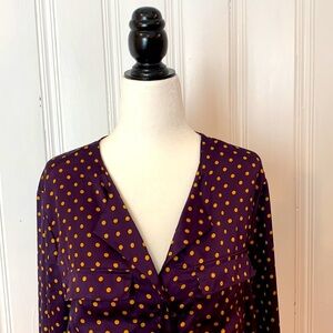 JONES NEW YORK silky purple satin buttoned up shirt with mustard yellow polka…